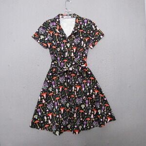 Eva Rose Dress Mushroom Fit Flare Black Retro Mod Belted Novelty Forest Quirky